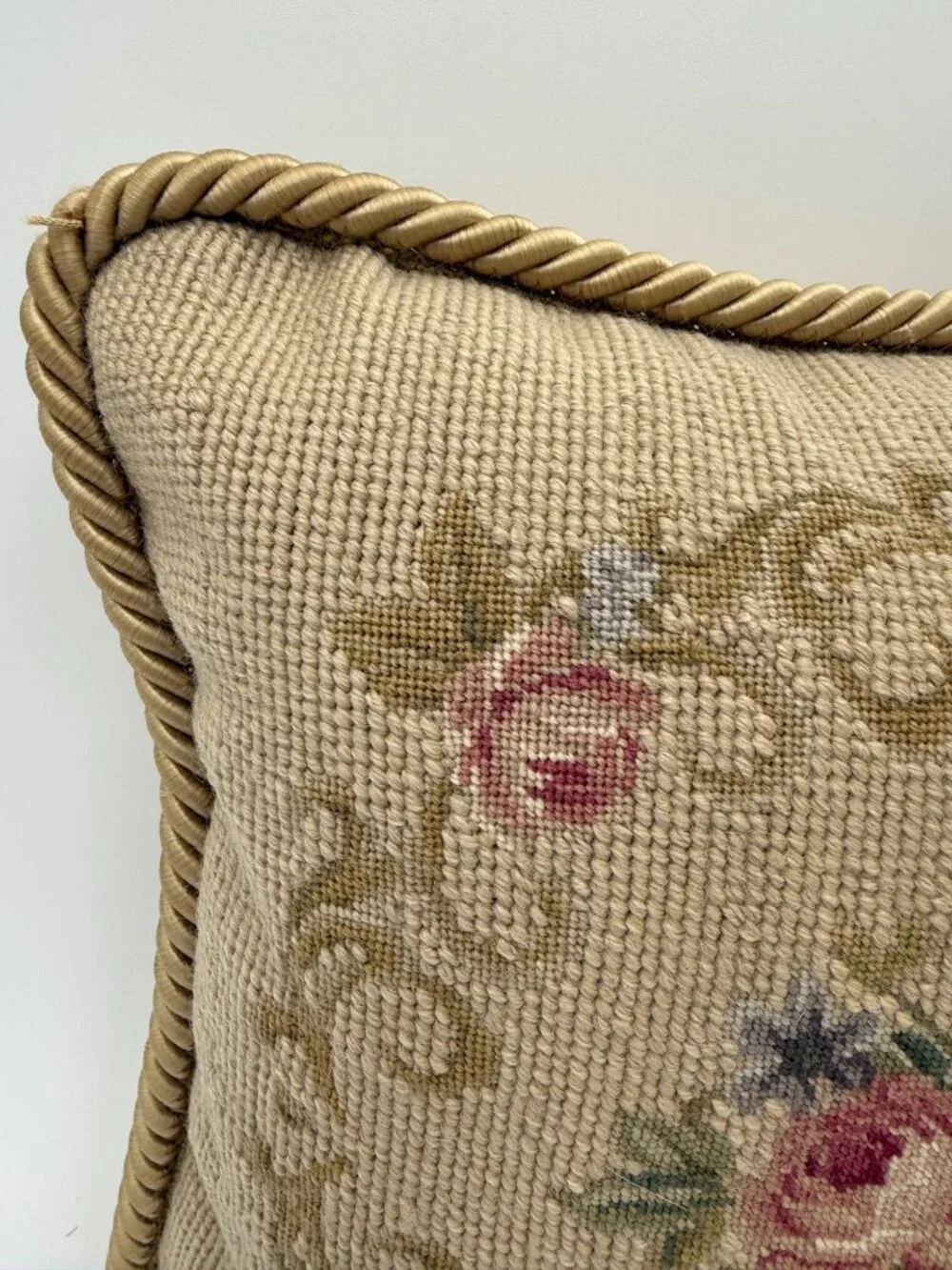 Vintage Floral Needlepoint Throw Pillow With Gold Rope Trim